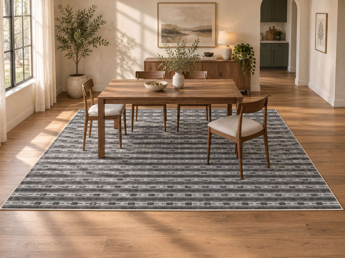 Apollo Keepsake Stripe Area Rug — Charcoal / Light Gray — dining room in soft afternoon light. Digital visualization.