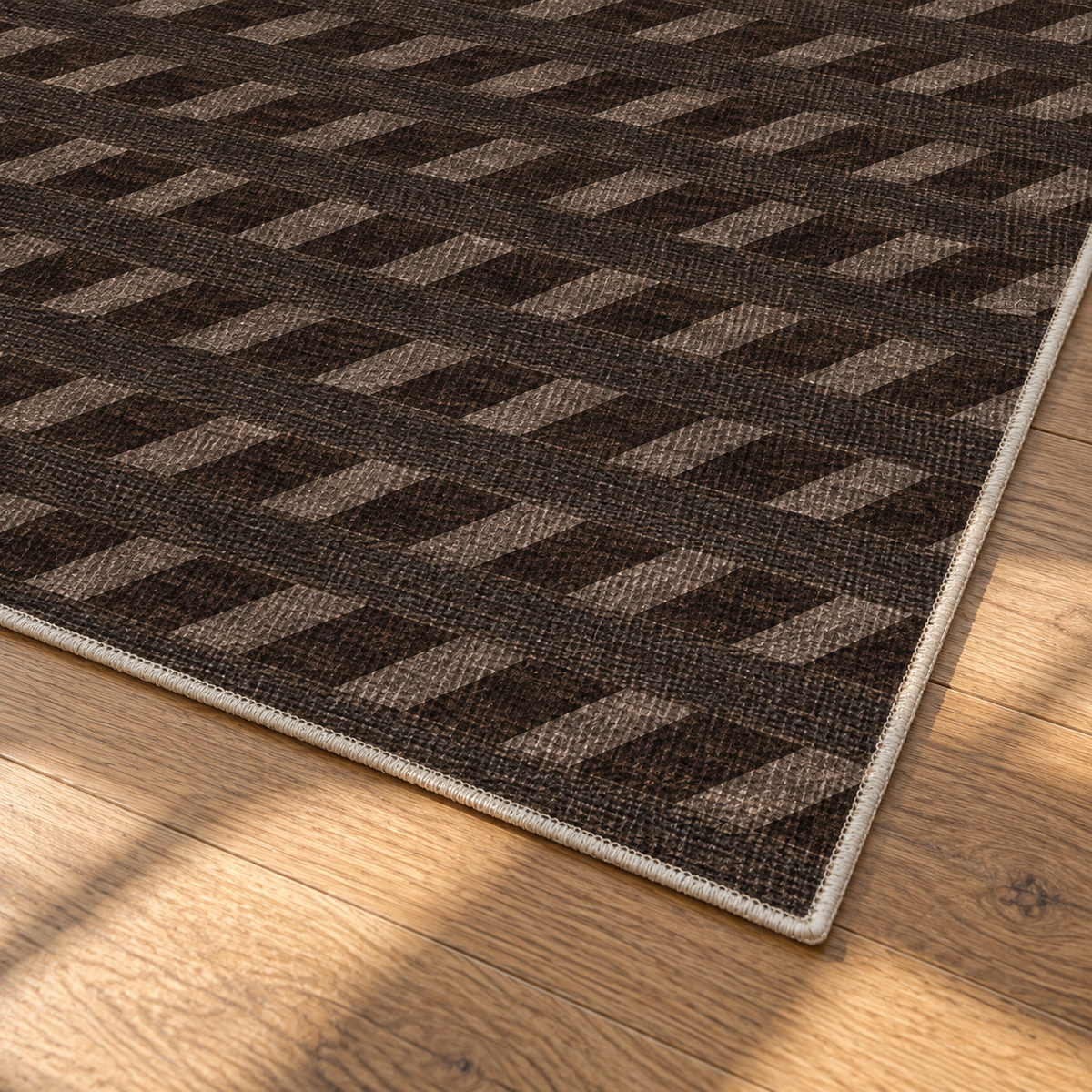 Apollo Slant Row Area Rug — Espresso / Taupe — corner and edge detail in soft afternoon light. Digital visualization.