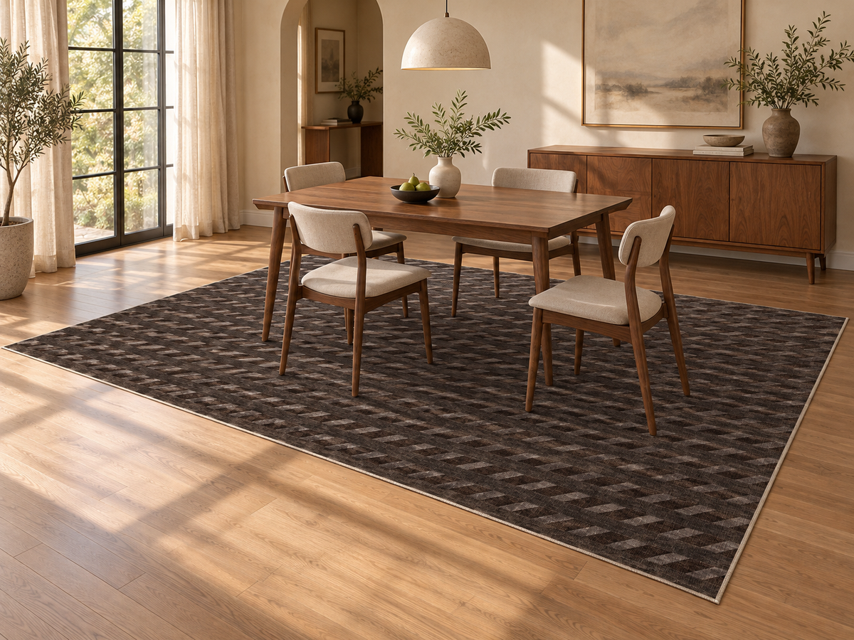 Apollo Slant Row Area Rug — Espresso / Taupe — dining room in soft afternoon light. Digital visualization.