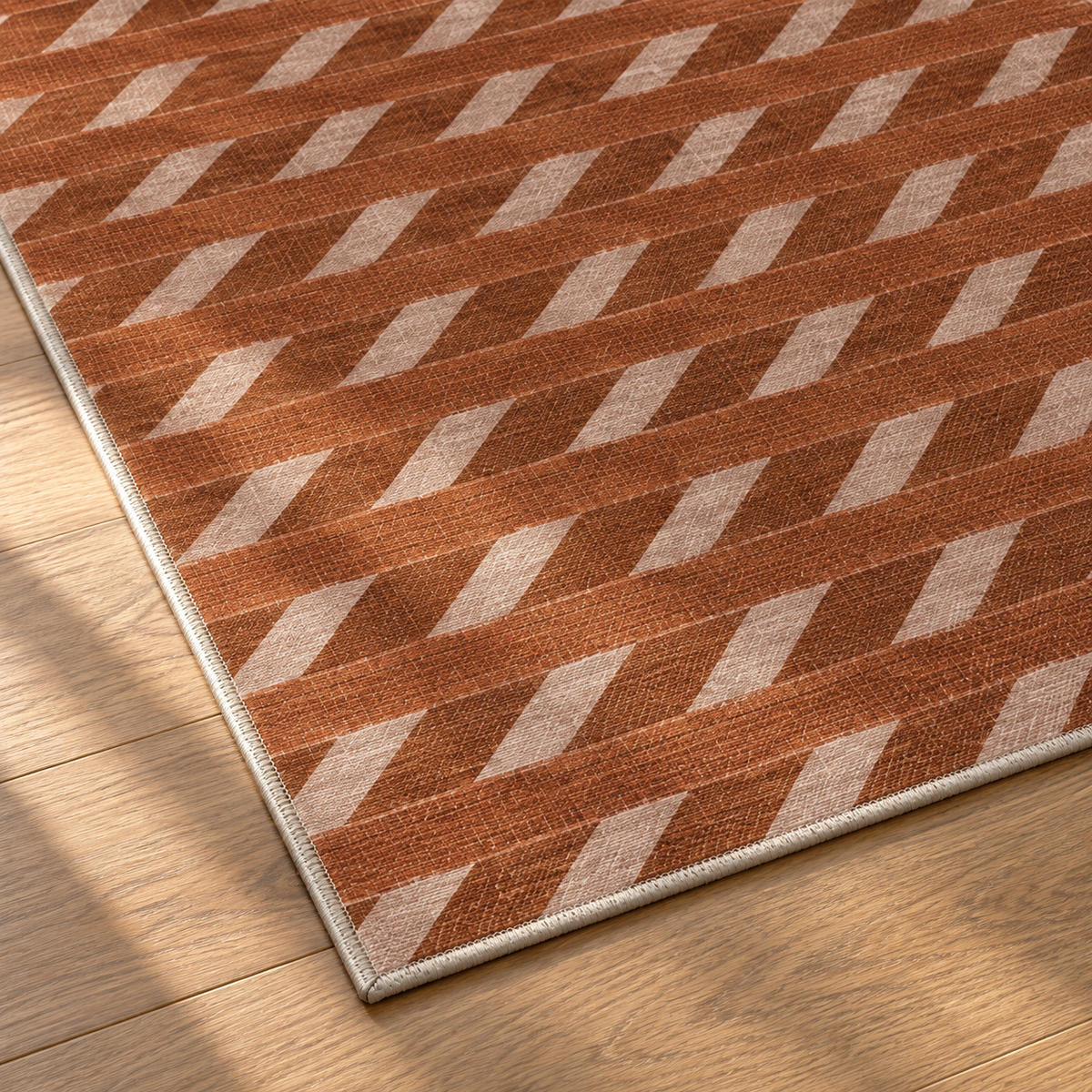 Apollo Slant Row Area Rug — Terracotta / Clay — corner and edge detail in soft afternoon light. Digital visualization.