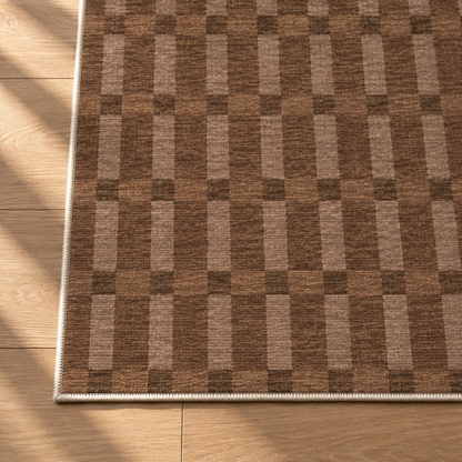 Apollo Pavilion Step Area Rug — Light Brown / Taupe — corner and edge detail in soft afternoon light. Digital visualization.