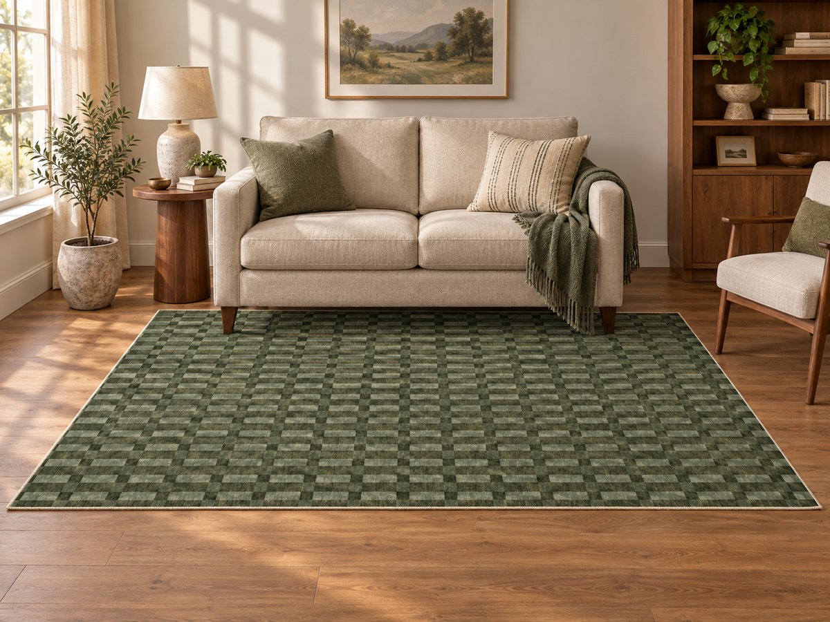 Apollo Pavilion Step Area Rug — Green / Sage — living room in soft afternoon light. Digital visualization.