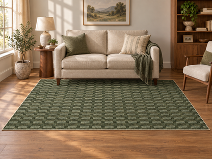 Apollo Pavilion Step Area Rug — Green / Sage — living room in soft afternoon light. Digital visualization.