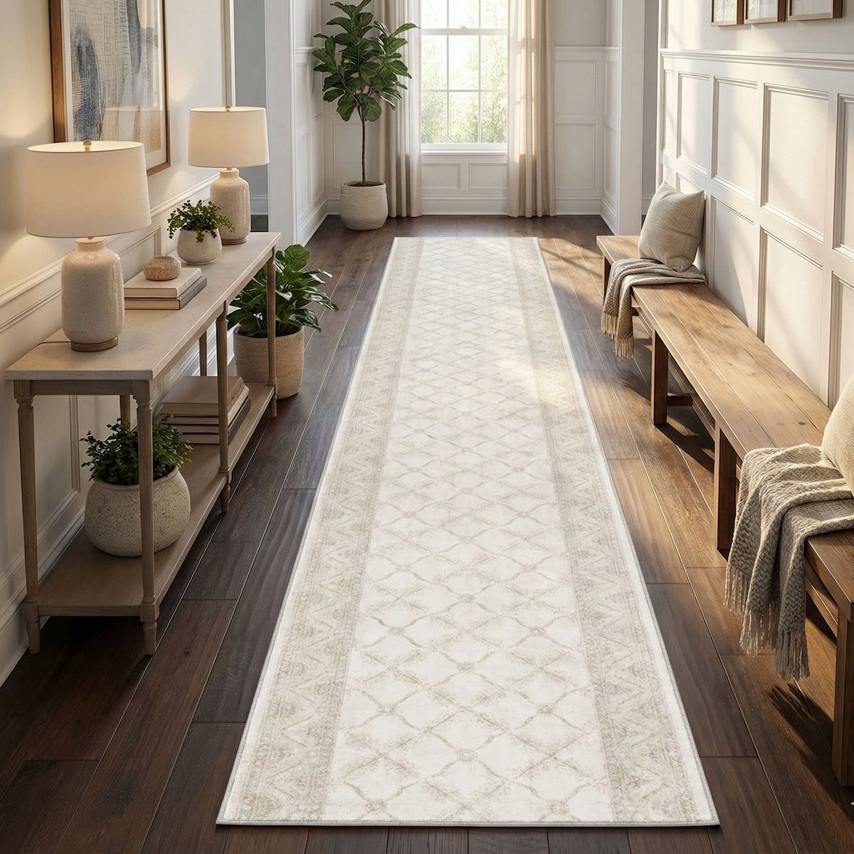 Custom Size Regency Lattice Pearly Haven modern hallway runner rug by Well Woven, featuring a soft ivory lattice design, placed in a white-paneled hallway with dark wood flooring and cozy décor