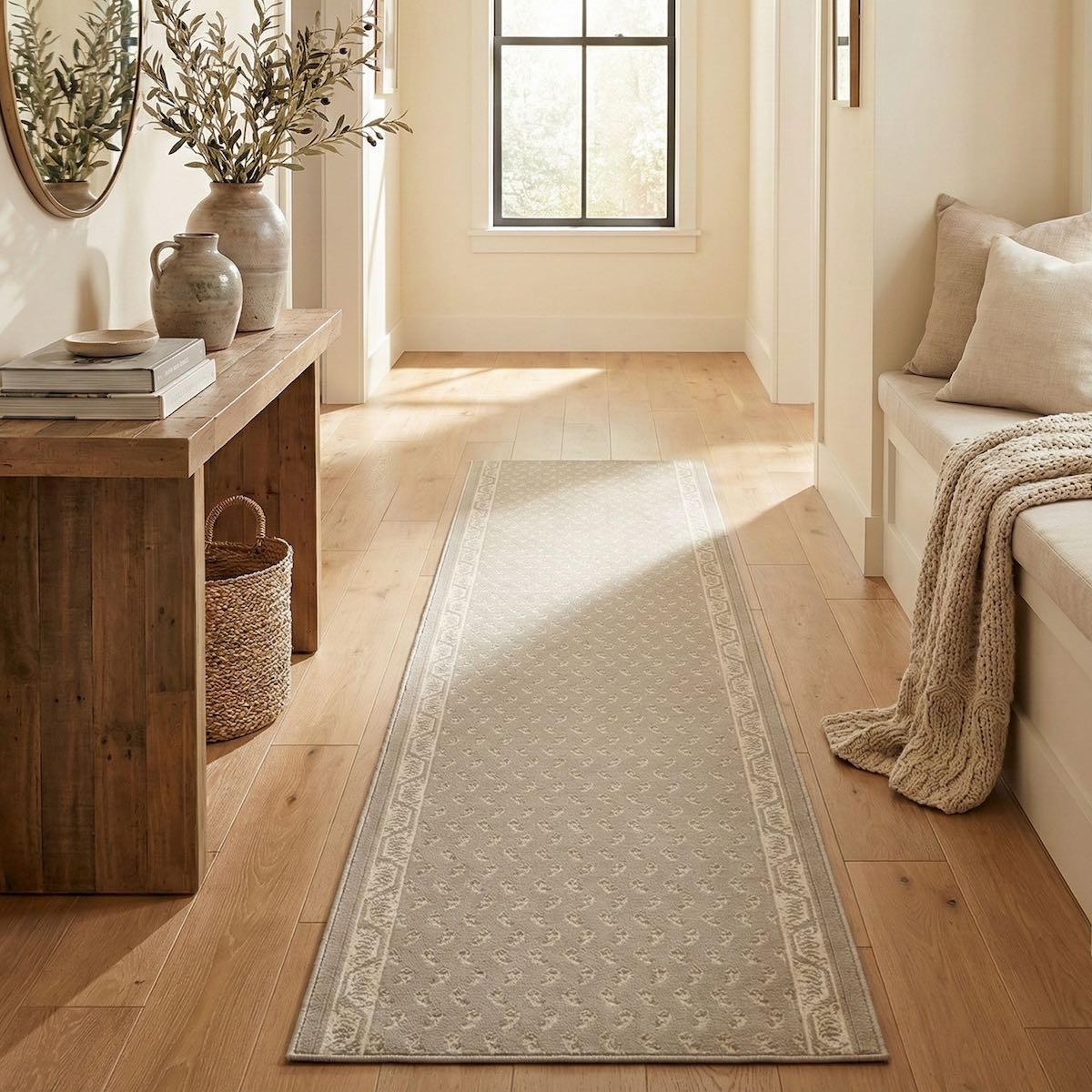 Light beige patterned hallway runner rug on wood floor in a bright, neutral entryway.  The runner is Apollo Windsor Desert Drift from Well Woven.