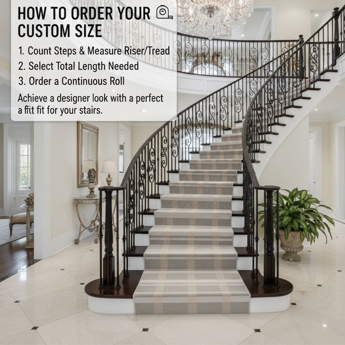 Neutral plaid stair runner rug on curved staircase, custom size carpet runner.  The multi color runner is Apollo Tartan Plaid Espresso Glow from Well Woven.