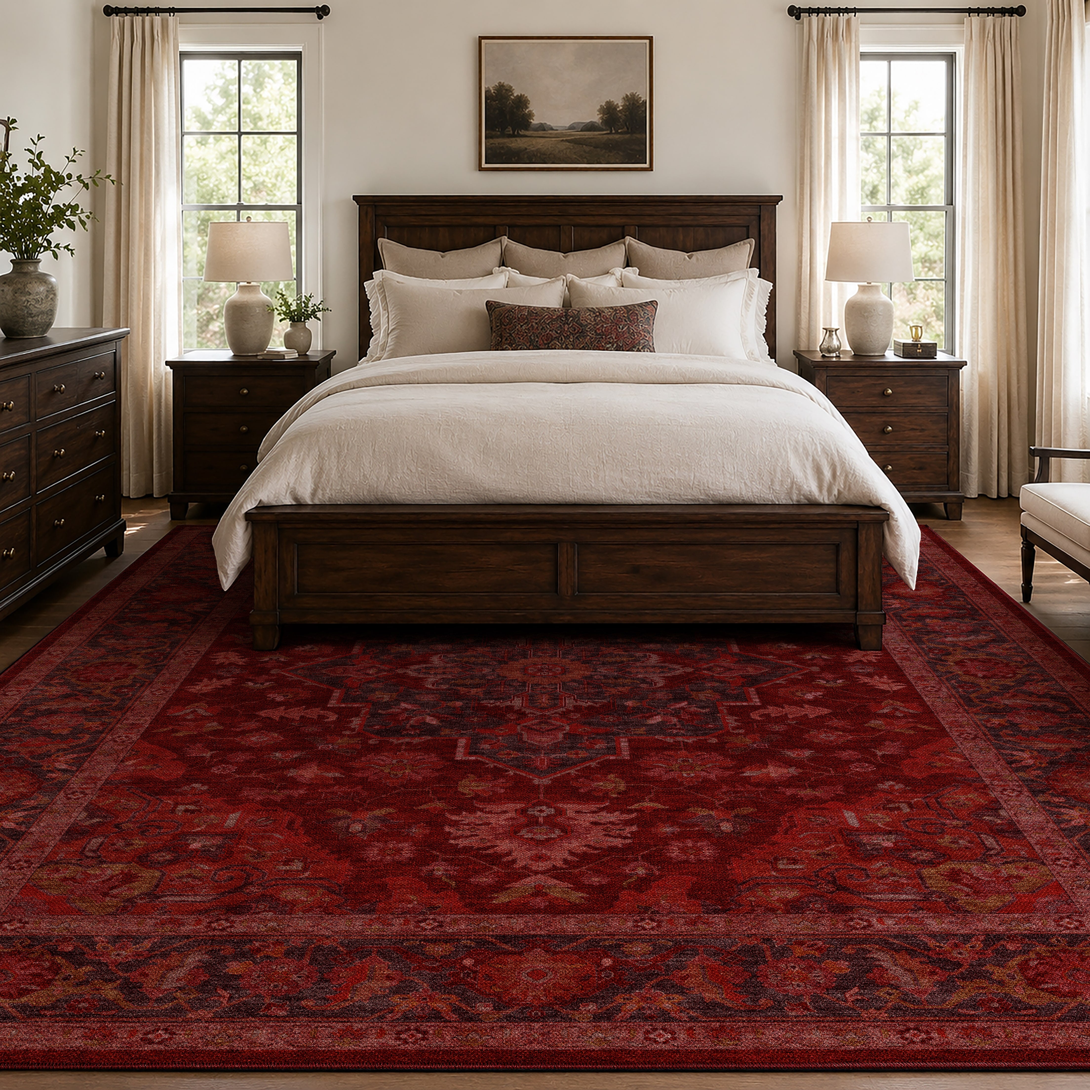Apollo Ember Court Oxblood Red Medallion Washable Rug — styled in a bedroom