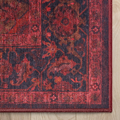 Apollo Ember Court Oxblood Red Medallion Washable Rug — corner and edge finish