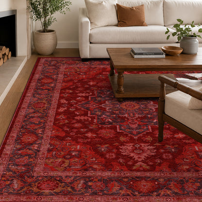 Apollo Ember Court Oxblood Red Medallion Washable Rug — close-up of the woven surface