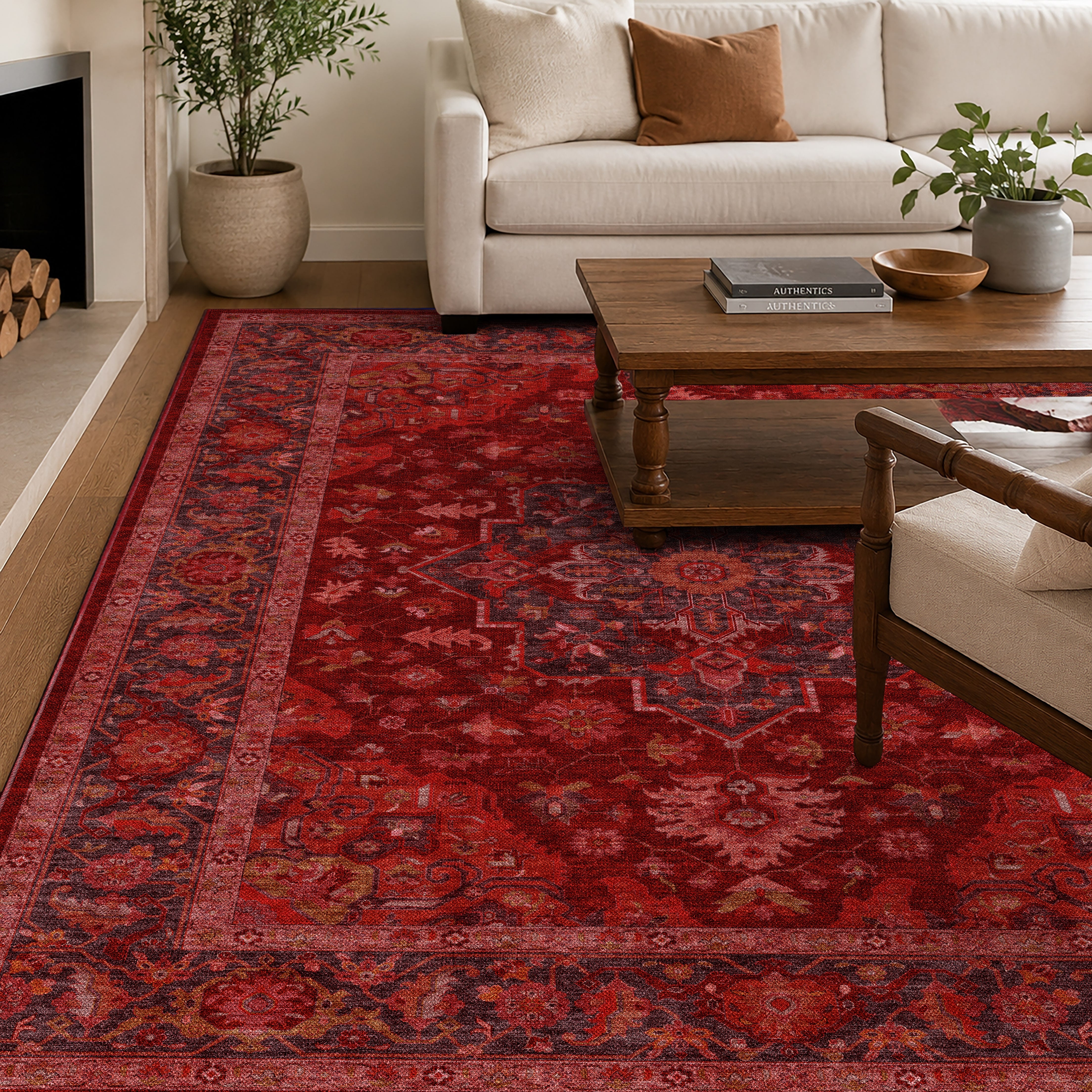 Apollo Ember Court Oxblood Red Medallion Washable Rug — close-up of the woven surface