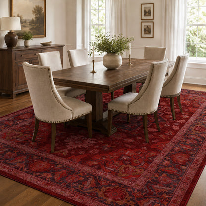 Apollo Ember Court Oxblood Red Medallion Washable Rug — styled in a dining room