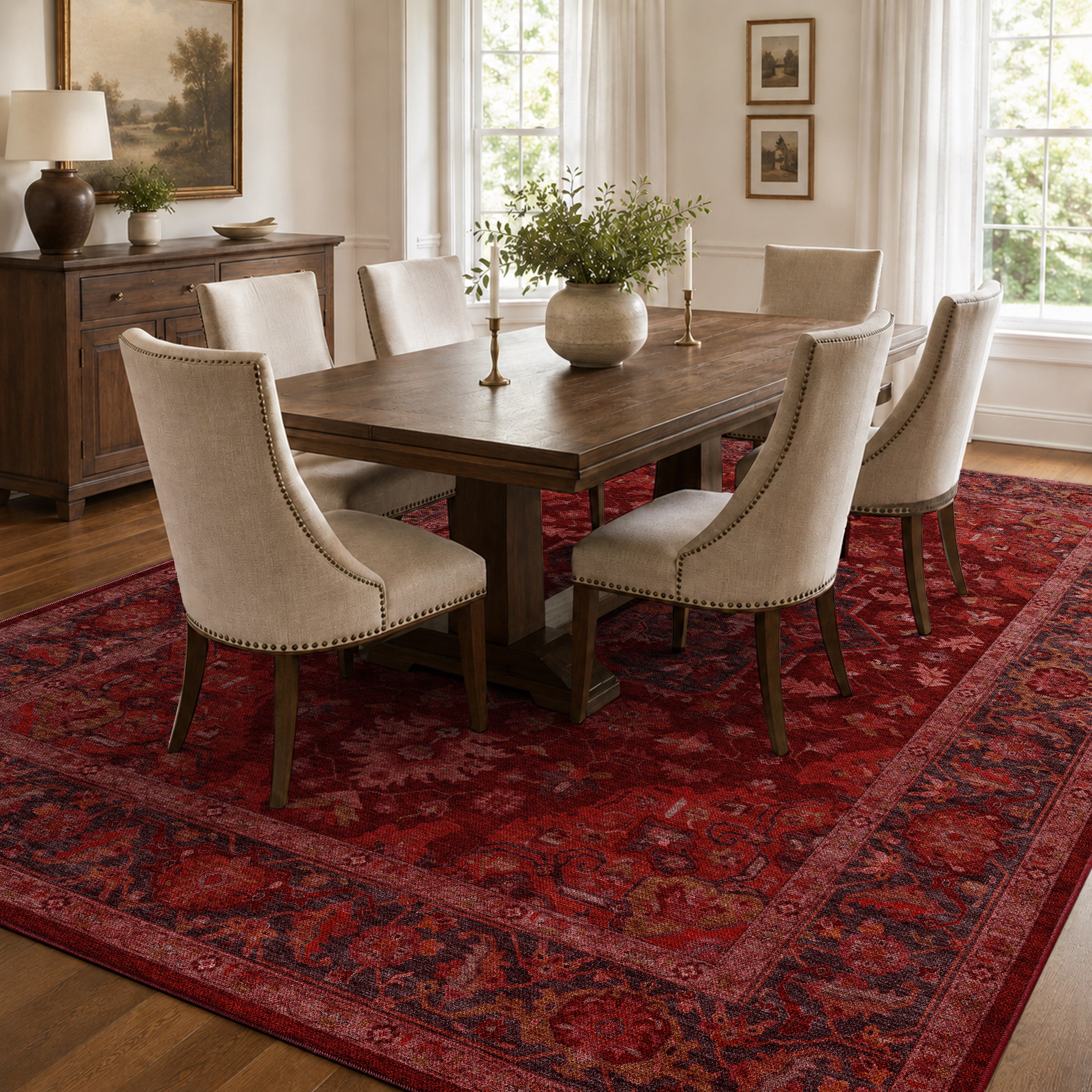 Apollo Ember Court Oxblood Red Medallion Washable Rug — styled in a dining room