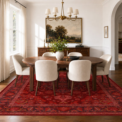 Apollo Ember Court Oxblood Red Medallion Washable Rug — styled in a dining room