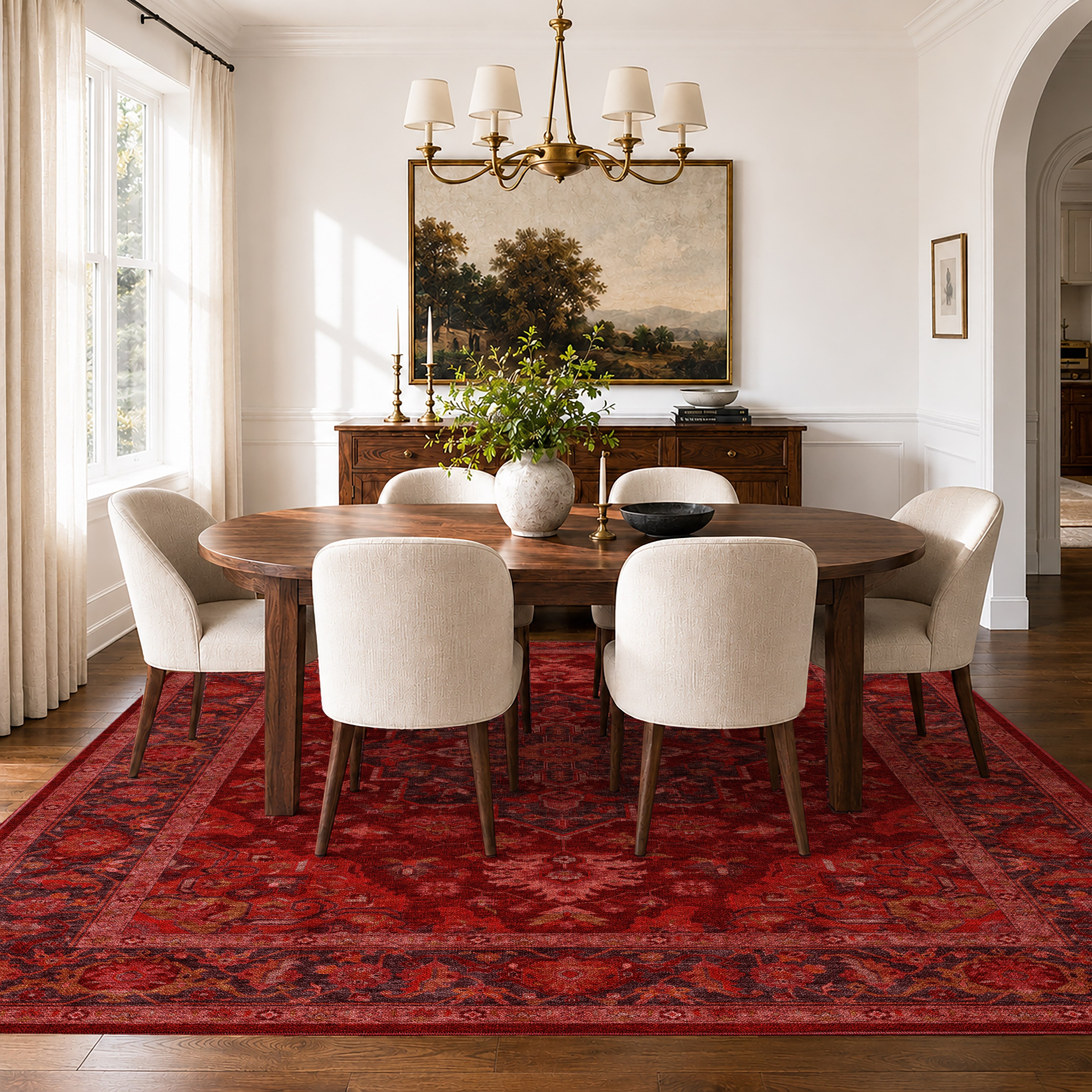 Apollo Ember Court Oxblood Red Medallion Washable Rug — styled in a dining room