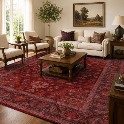 Apollo Ember Court Oxblood Red Medallion Washable Rug — styled in a living room
