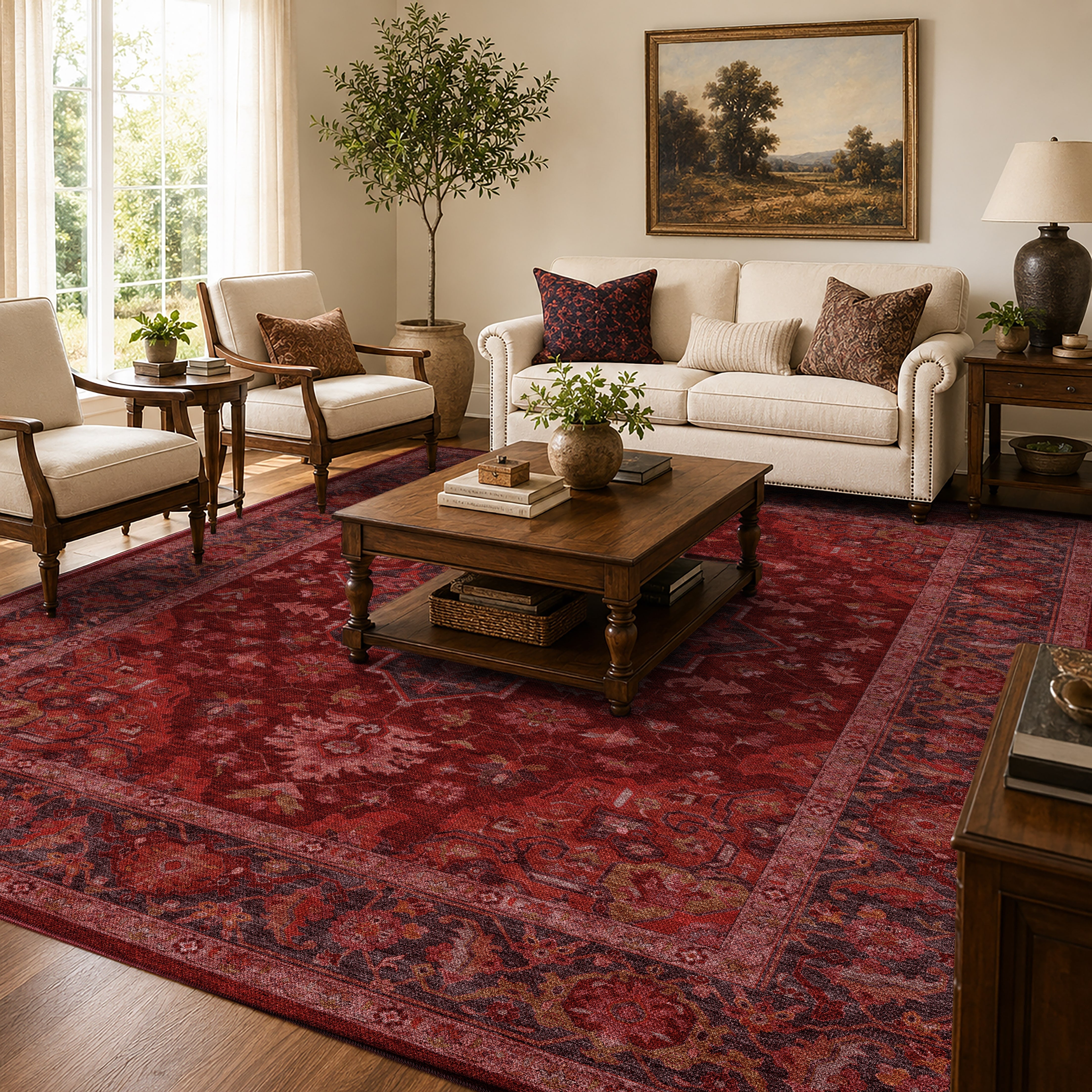 Apollo Ember Court Oxblood Red Medallion Washable Rug — styled in a living room