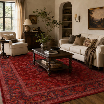 Apollo Ember Court Oxblood Red Medallion Washable Rug — styled in a living room