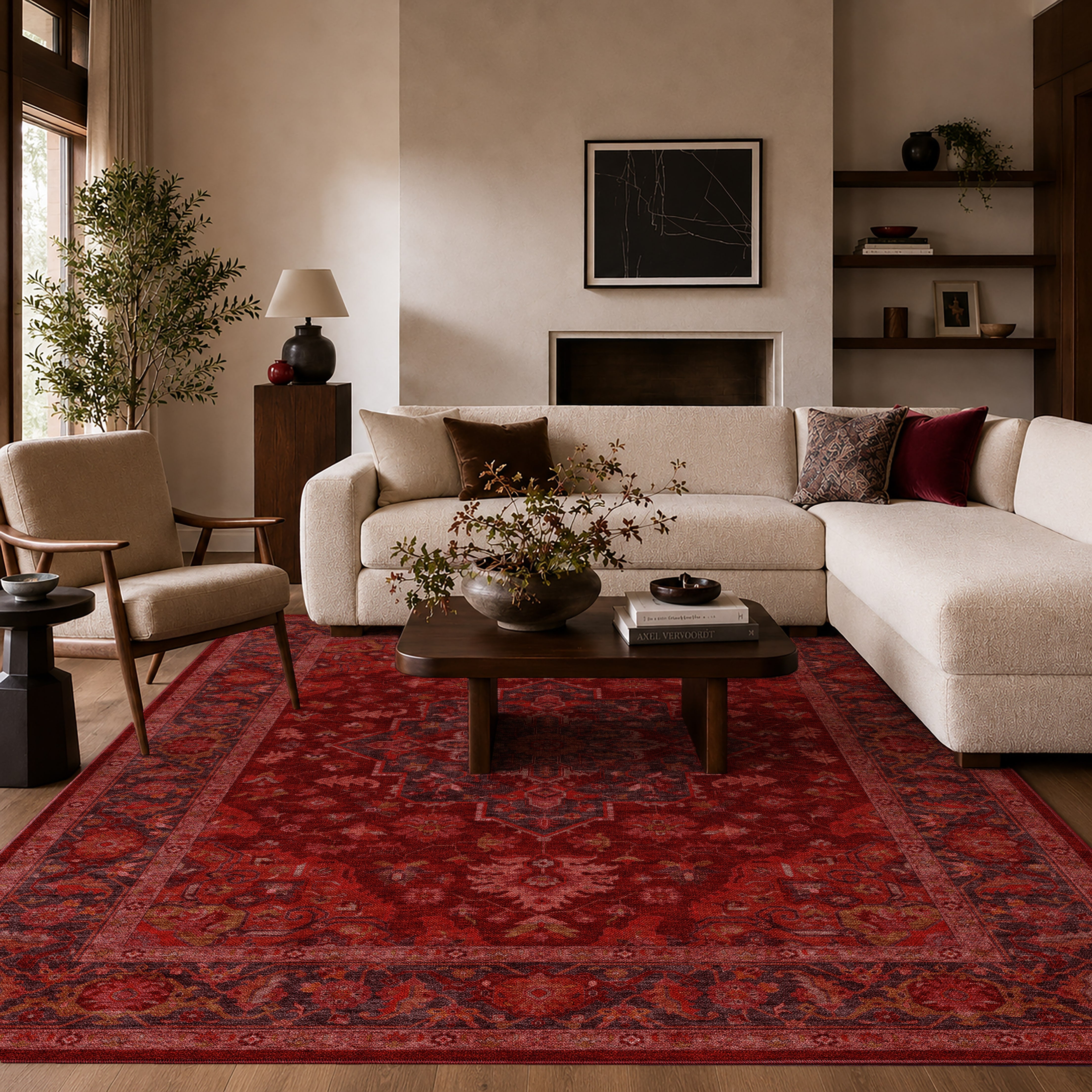 Apollo Ember Court Oxblood Red Medallion Washable Rug — styled in a living room
