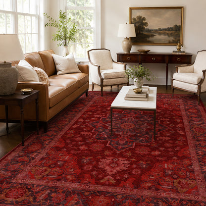 Apollo Ember Court Oxblood Red Medallion Washable Rug — styled in a living room