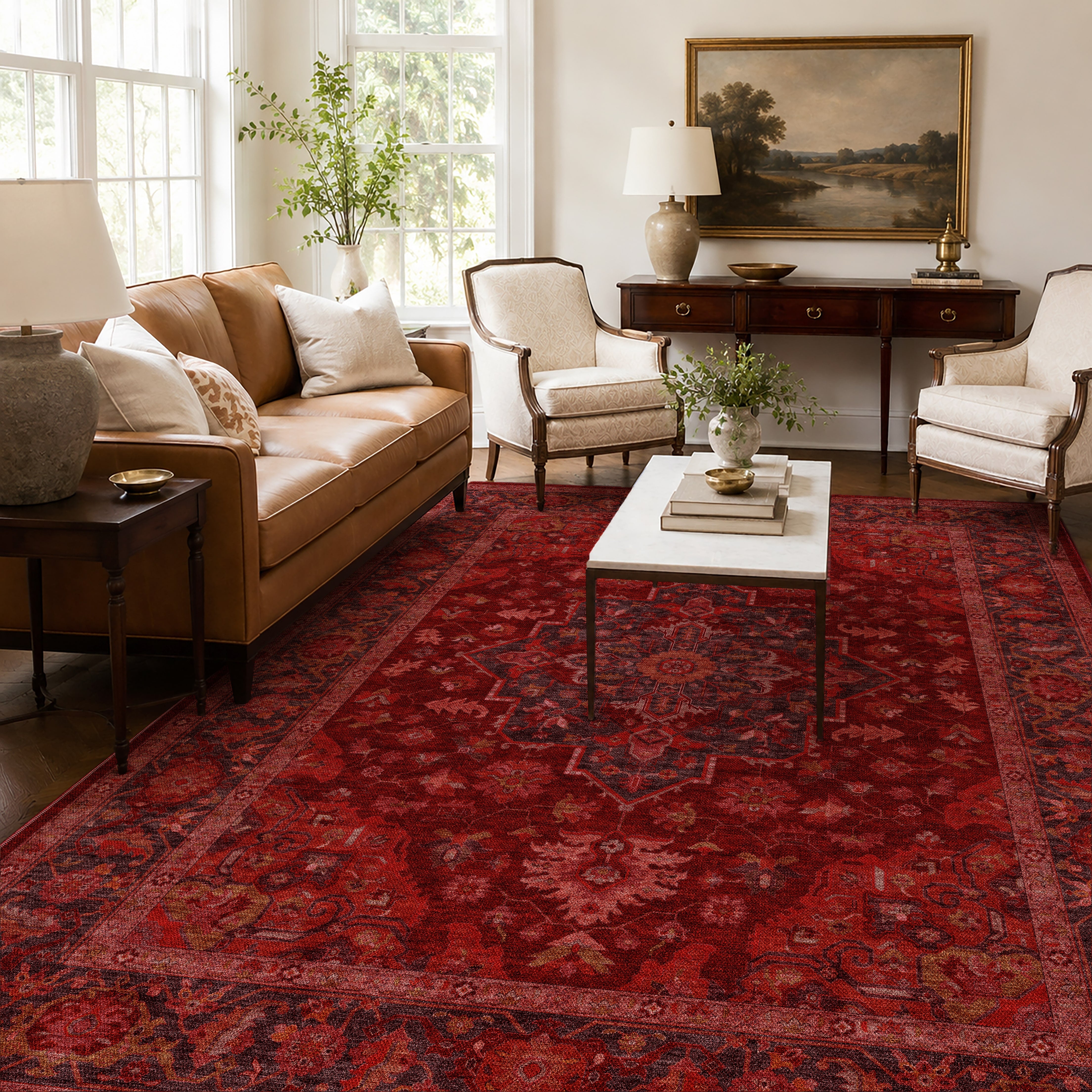 Apollo Ember Court Oxblood Red Medallion Washable Rug — styled in a living room