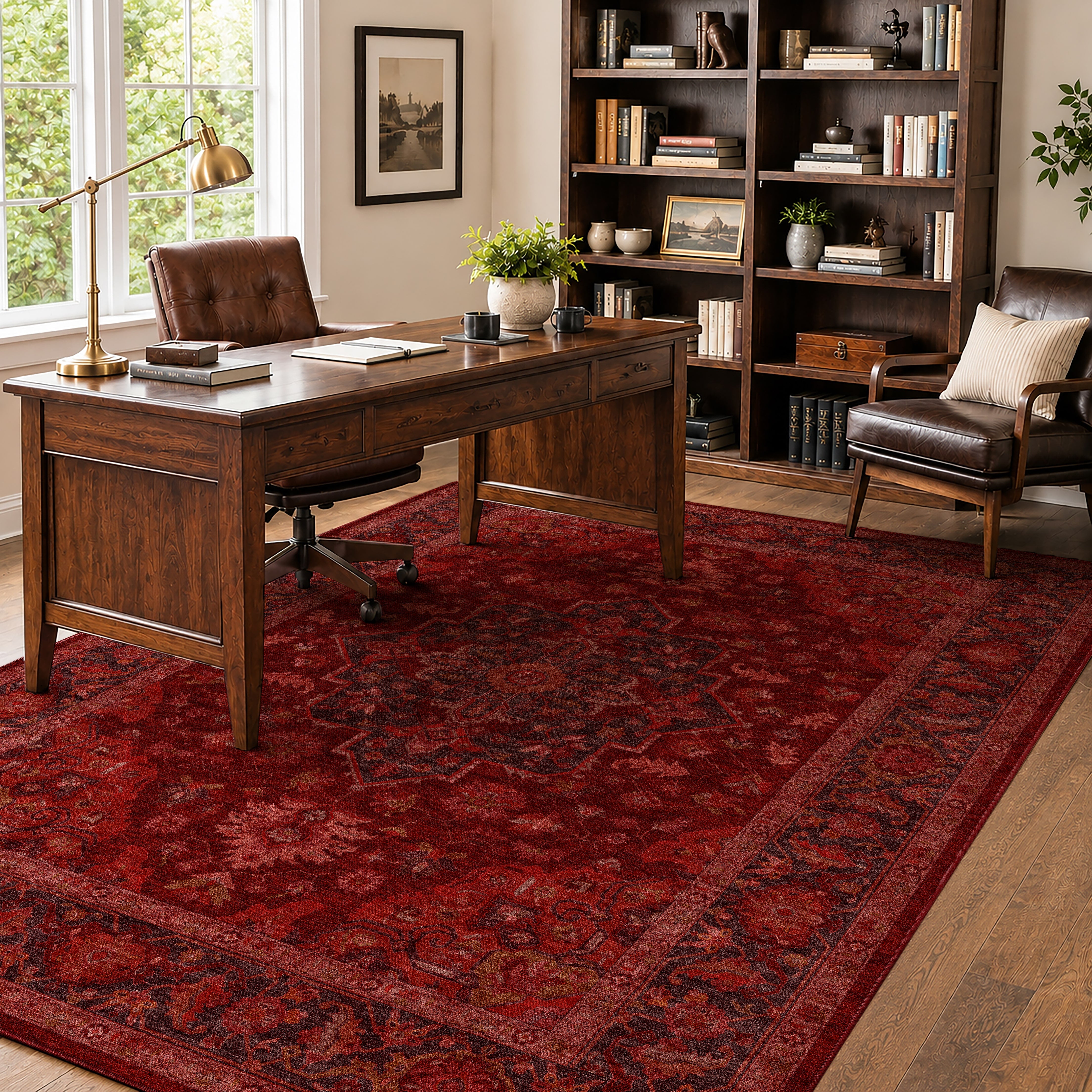 Apollo Ember Court Oxblood Red Medallion Washable Rug — styled in a home office