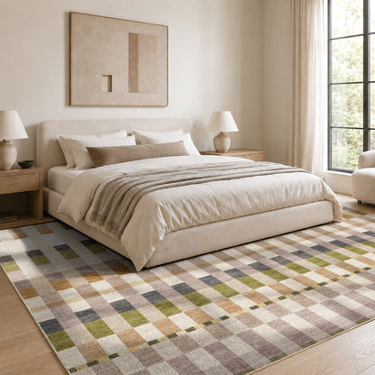 Apollo Heirloom Meadow Olive Neutral Washable Rug — styled in a bedroom