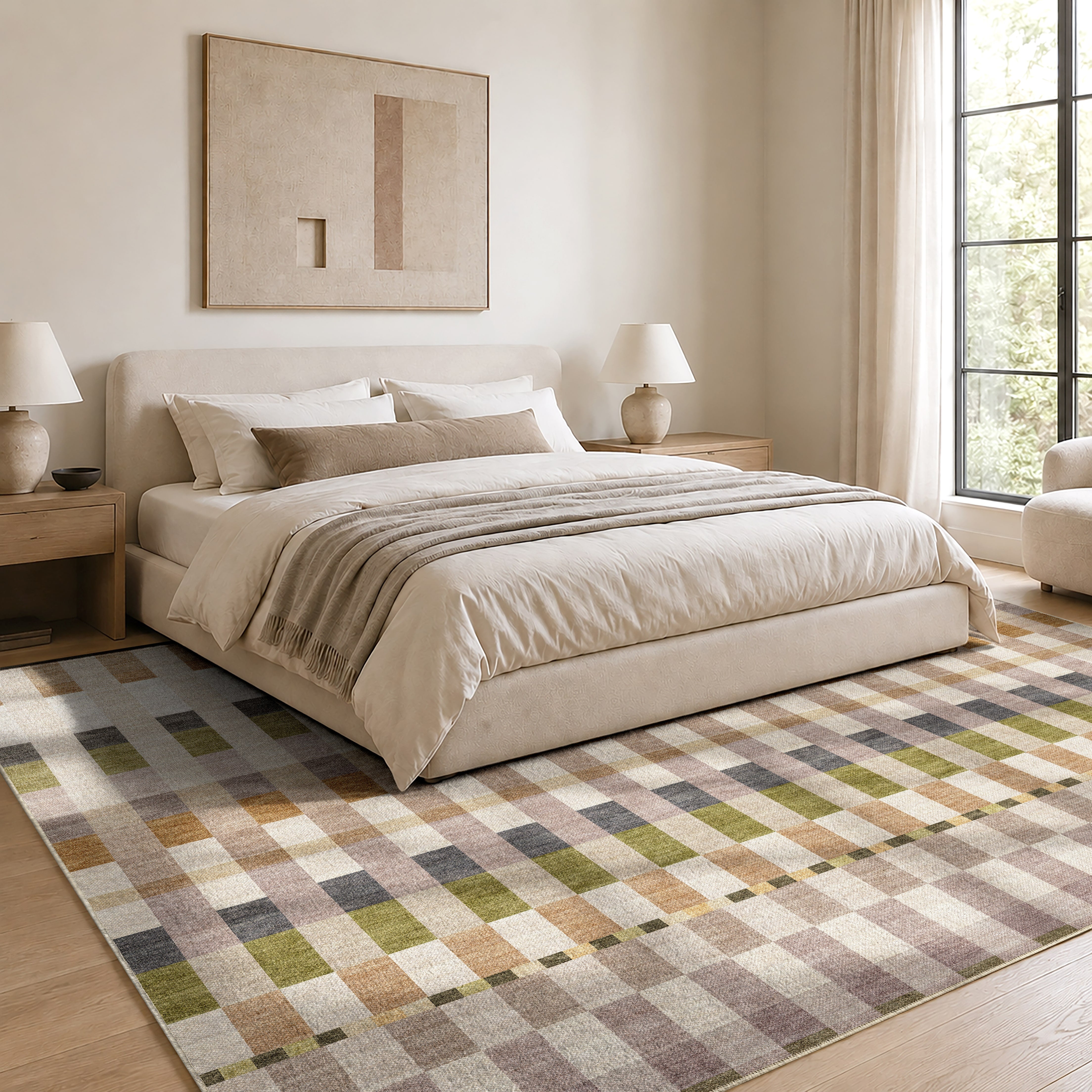 Apollo Heirloom Meadow Olive Neutral Washable Rug — styled in a bedroom