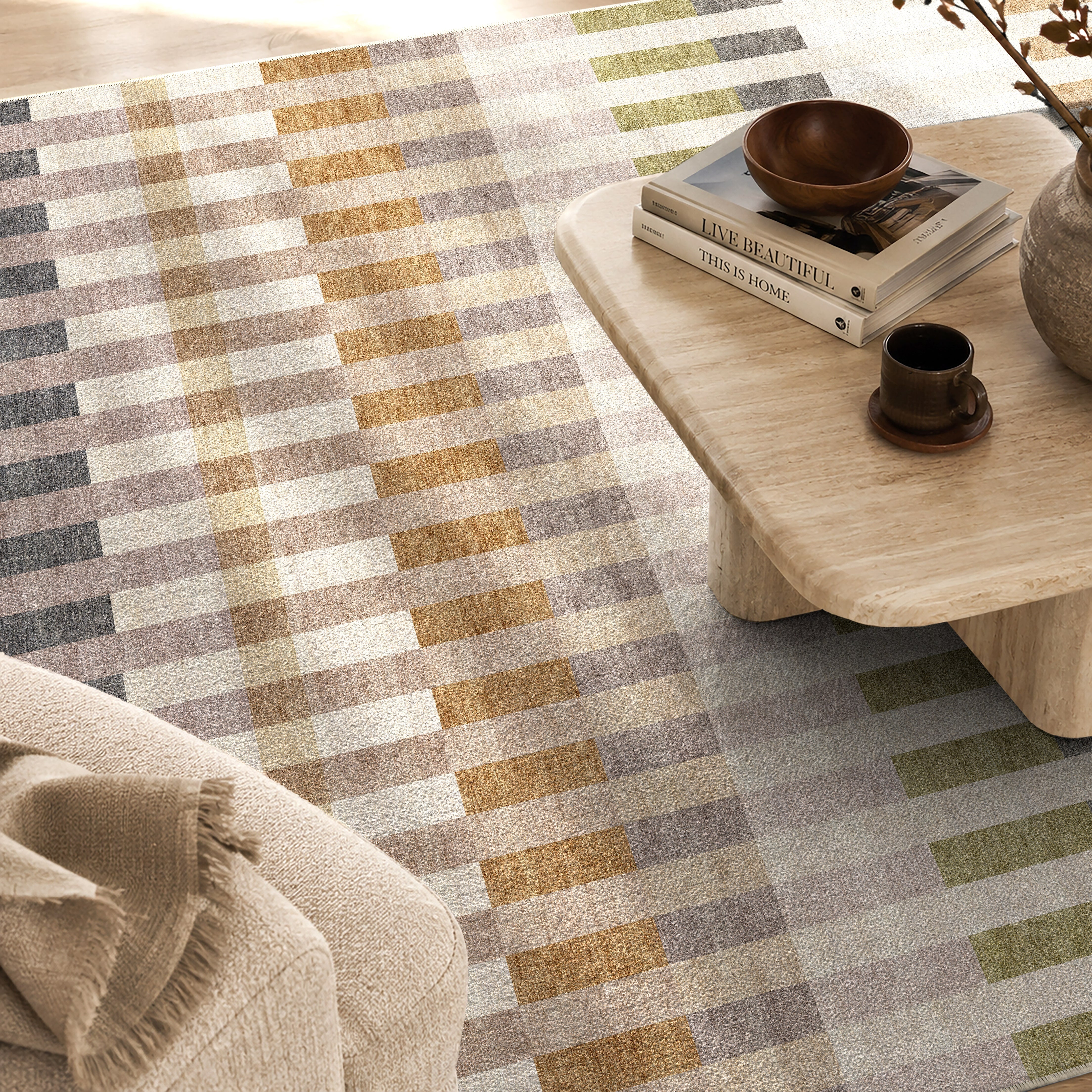 Apollo Heirloom Meadow Olive Neutral Washable Rug — close-up of the woven surface