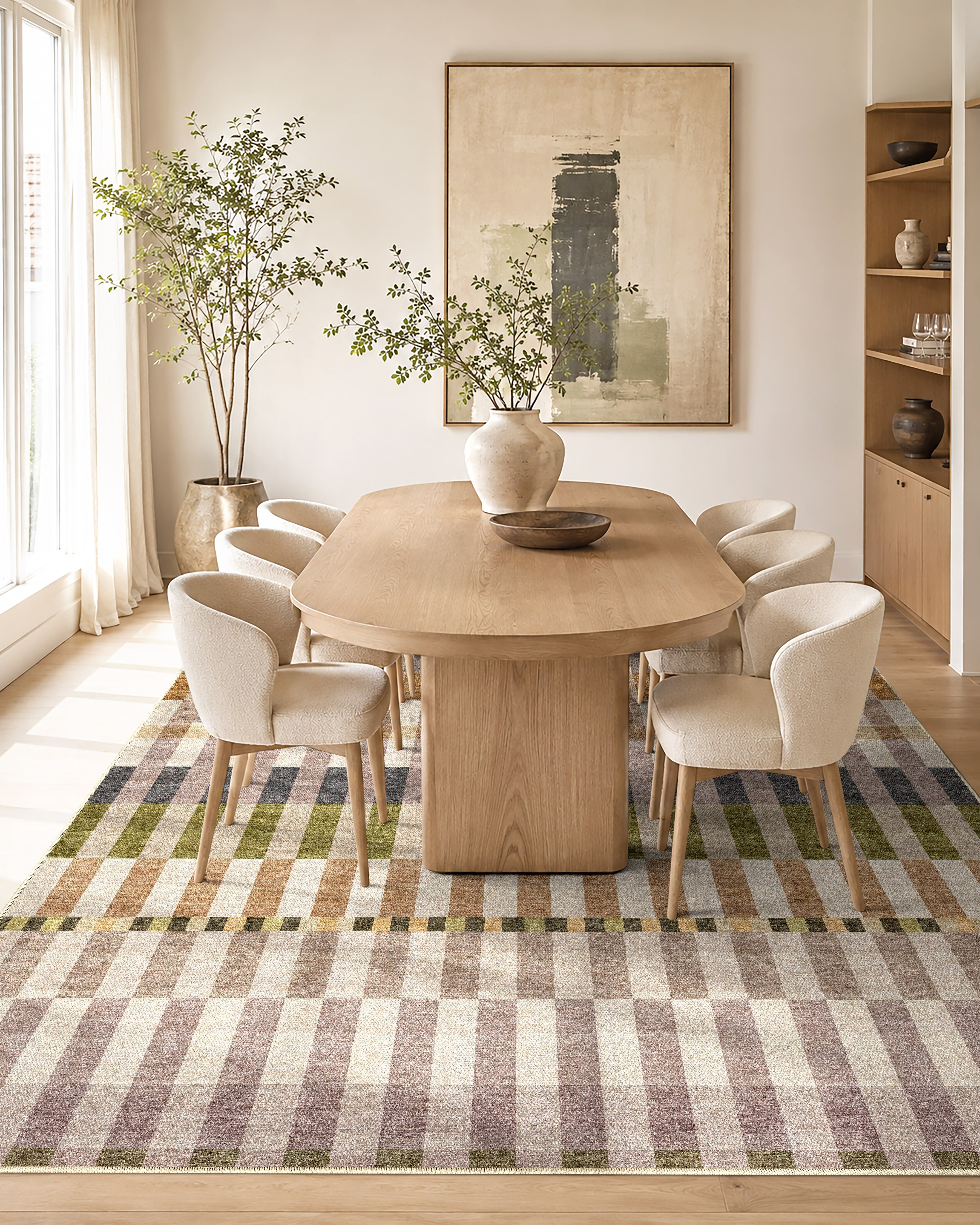 Apollo Heirloom Meadow Olive Neutral Washable Rug — styled in a dining room