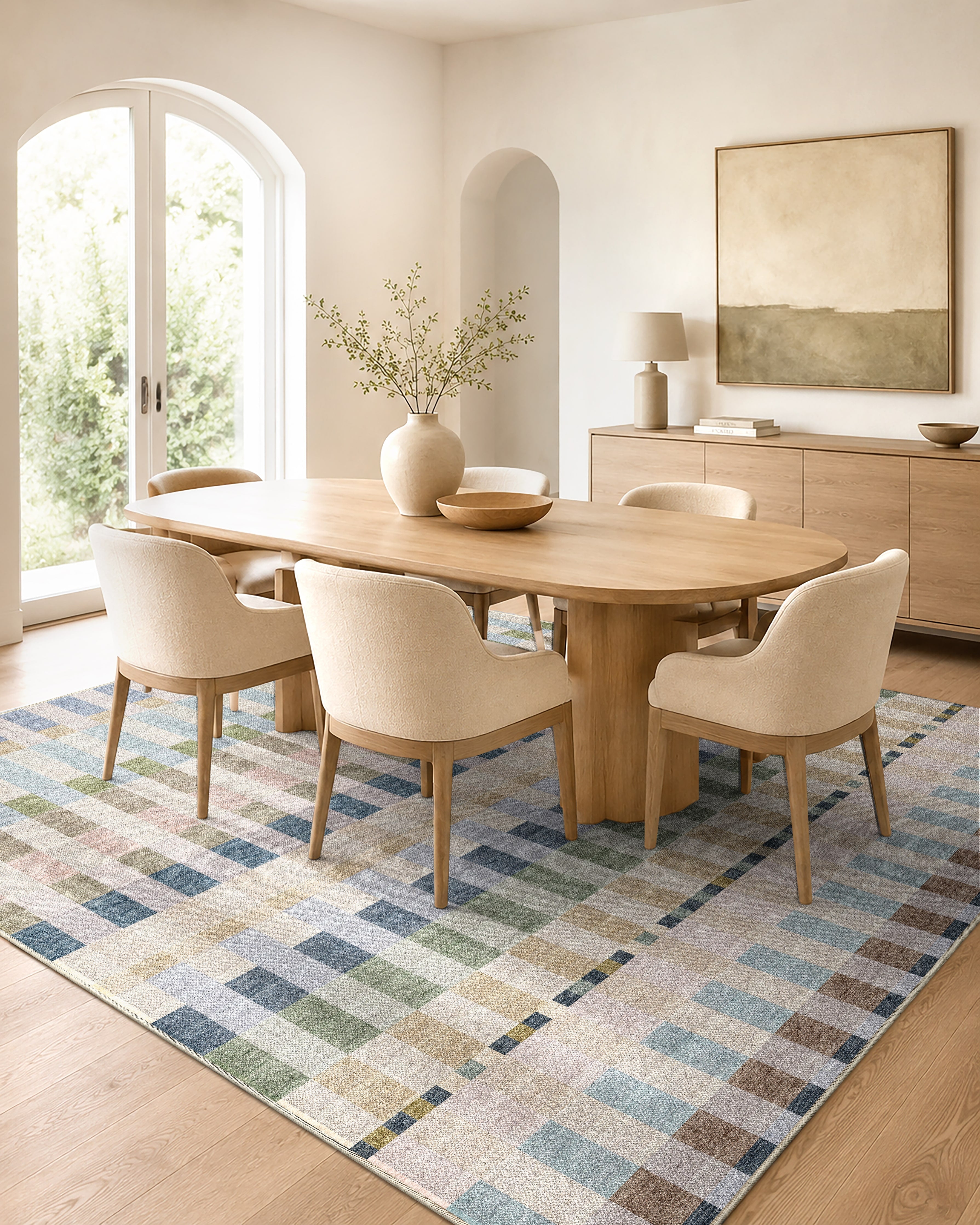 Apollo Heirloom Meadow Mist Washable Rug — styled in a dining room