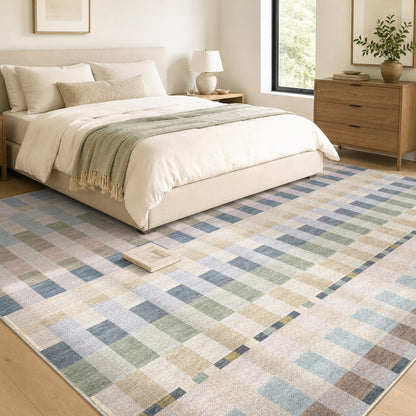 Apollo Heirloom Meadow Mist Washable Rug — styled in a bedroom