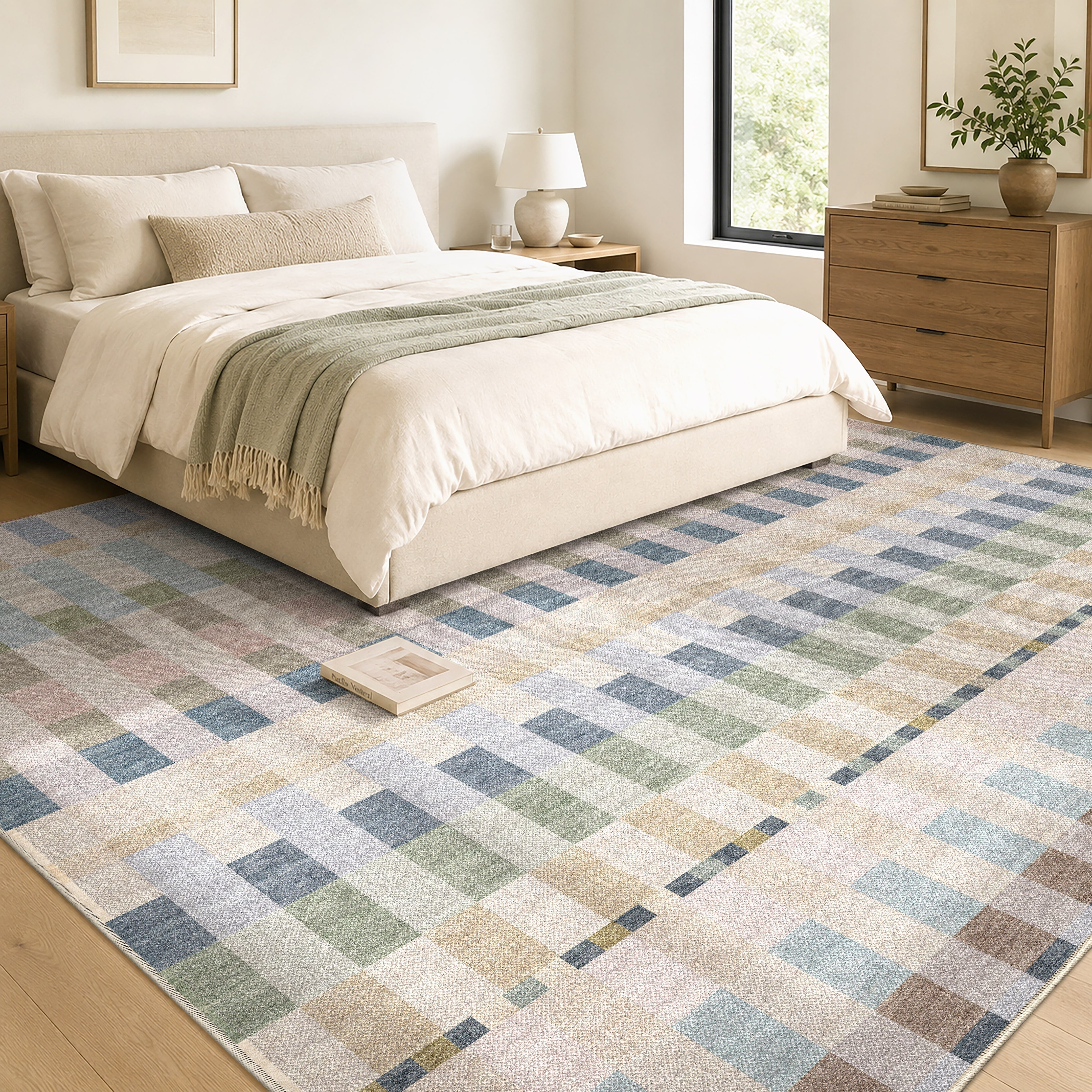 Apollo Heirloom Meadow Mist Washable Rug — styled in a bedroom