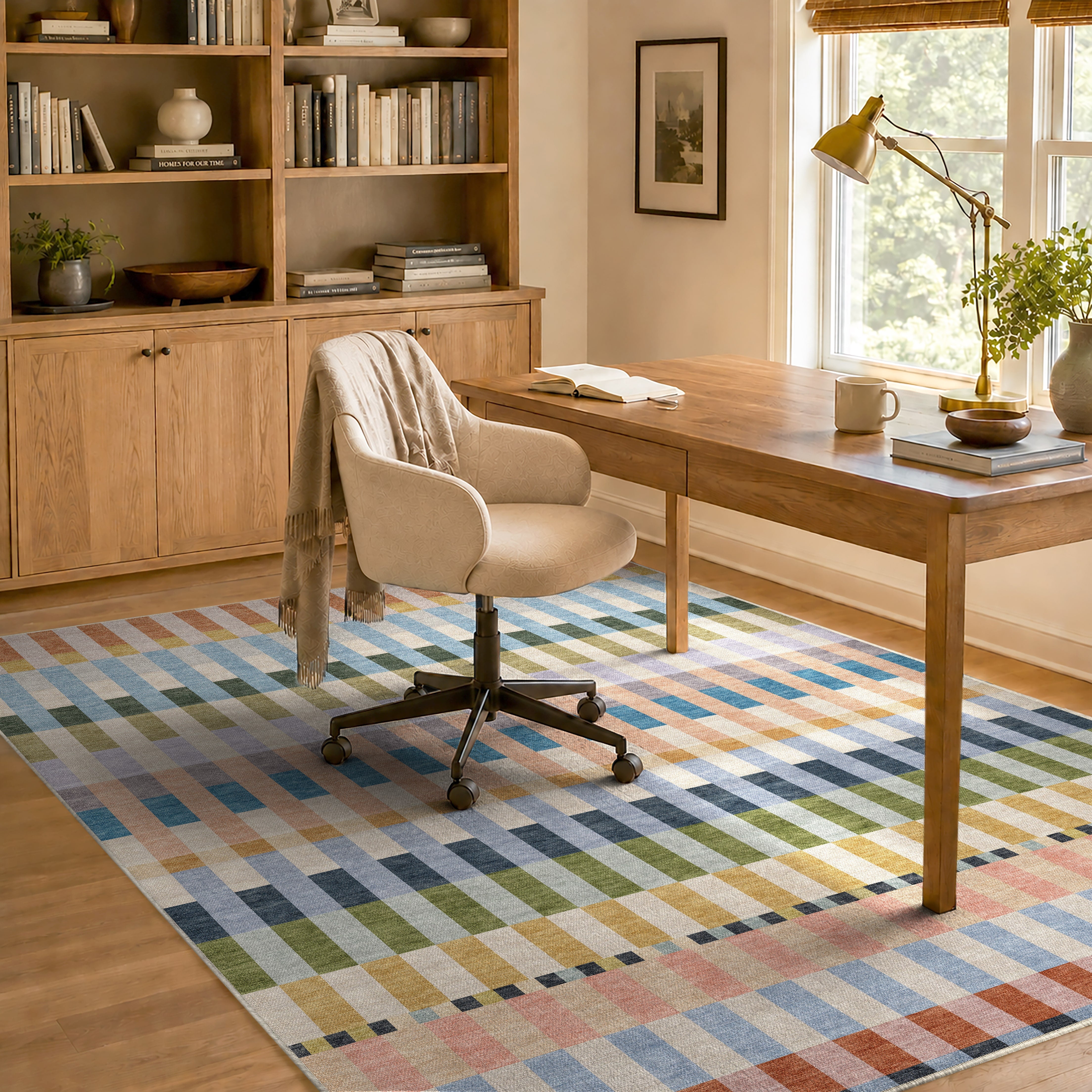 Apollo Heirloom Meadow Sunset Washable Rug — styled in a home office