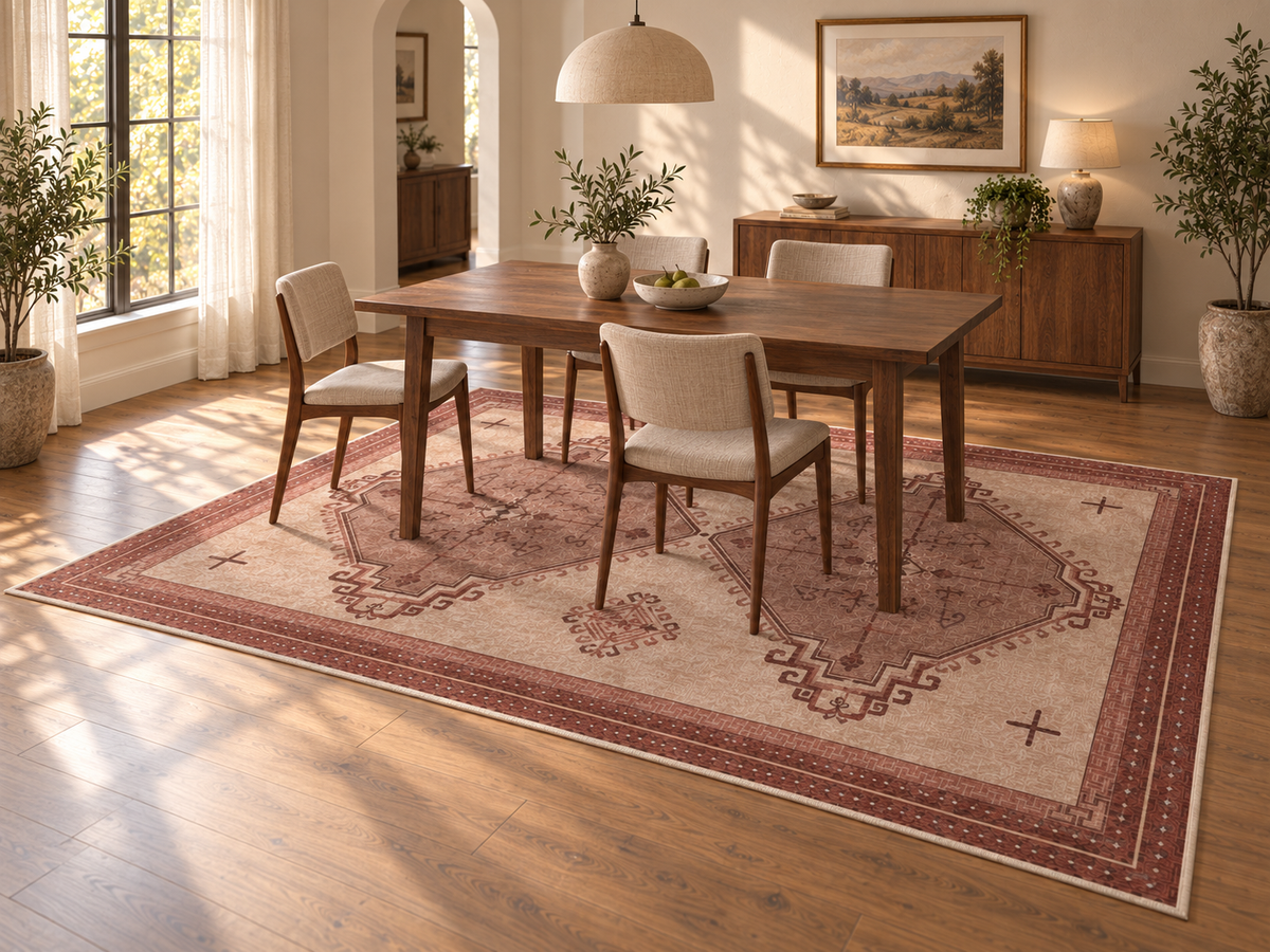 Apollo Wayfarer Court Area Rug — Dusty Burgundy / Beige — dining room in soft afternoon light. Digital visualization.