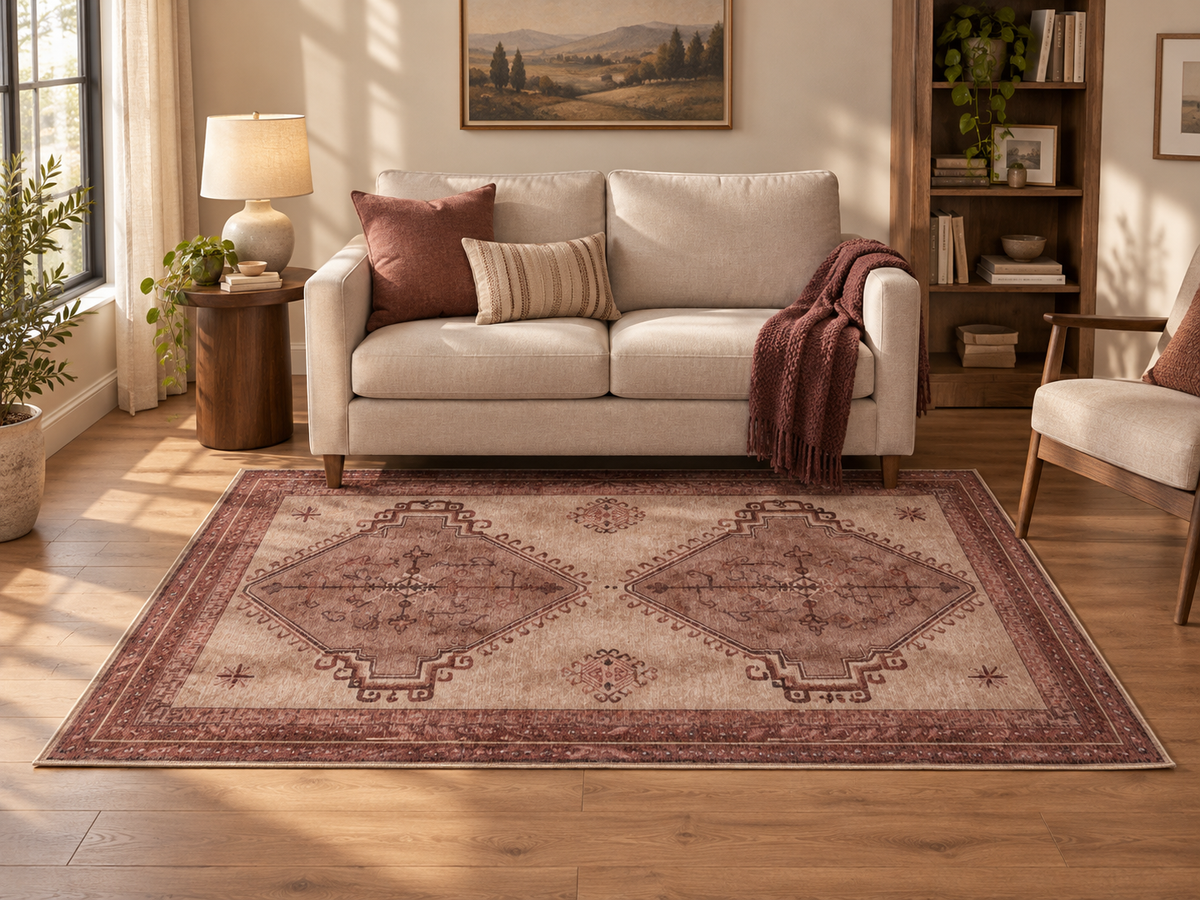 Apollo Wayfarer Court Area Rug — Dusty Burgundy / Beige — living room in soft afternoon light. Digital visualization.