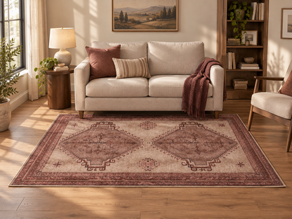 Apollo Wayfarer Court Area Rug — Dusty Burgundy / Beige — living room in soft afternoon light. Digital visualization.
