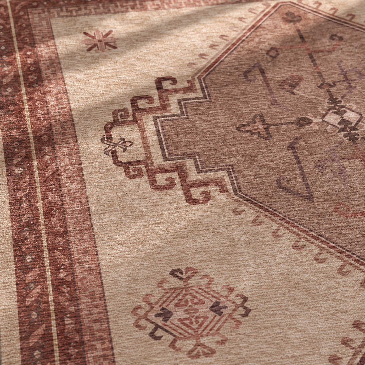 Apollo Wayfarer Court Area Rug — Dusty Burgundy / Beige — pattern and surface detail in soft afternoon light. Digital visualization.