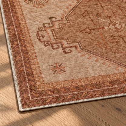 Apollo Wayfarer Court Area Rug — Terracotta / Beige — corner and edge detail in soft afternoon light. Digital visualization.
