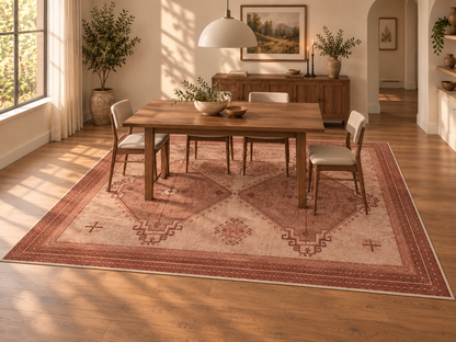 Apollo Wayfarer Court Area Rug — Terracotta / Beige — dining room in soft afternoon light. Digital visualization.