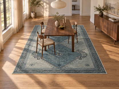 Apollo Wayfarer Court Area Rug — Petrol Blue / Beige — dining room in soft afternoon light. Digital visualization.