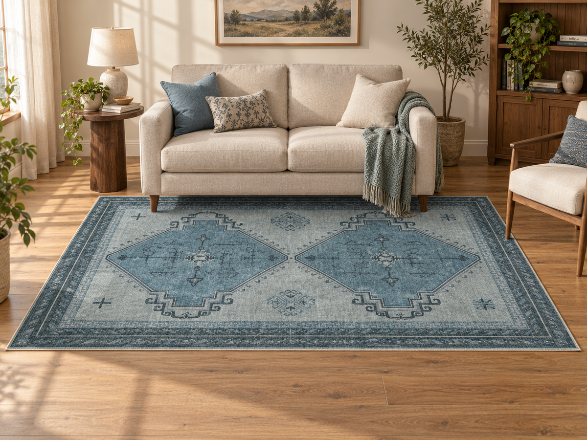 Apollo Wayfarer Court Area Rug — Petrol Blue / Beige — living room in soft afternoon light. Digital visualization.