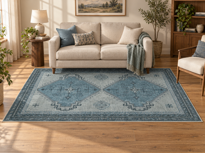 Apollo Wayfarer Court Area Rug — Petrol Blue / Beige — living room in soft afternoon light. Digital visualization.