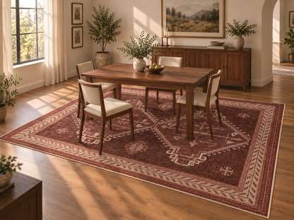 Apollo Wayfarer Court Area Rug — Deep Burgundy / Beige — dining room in soft afternoon light. Digital visualization.