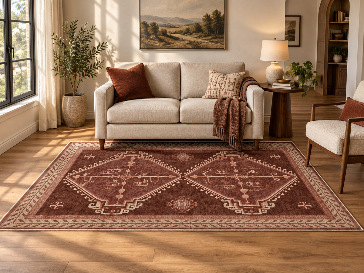 Apollo Wayfarer Court Area Rug — Deep Burgundy / Beige — living room in soft afternoon light. Digital visualization.