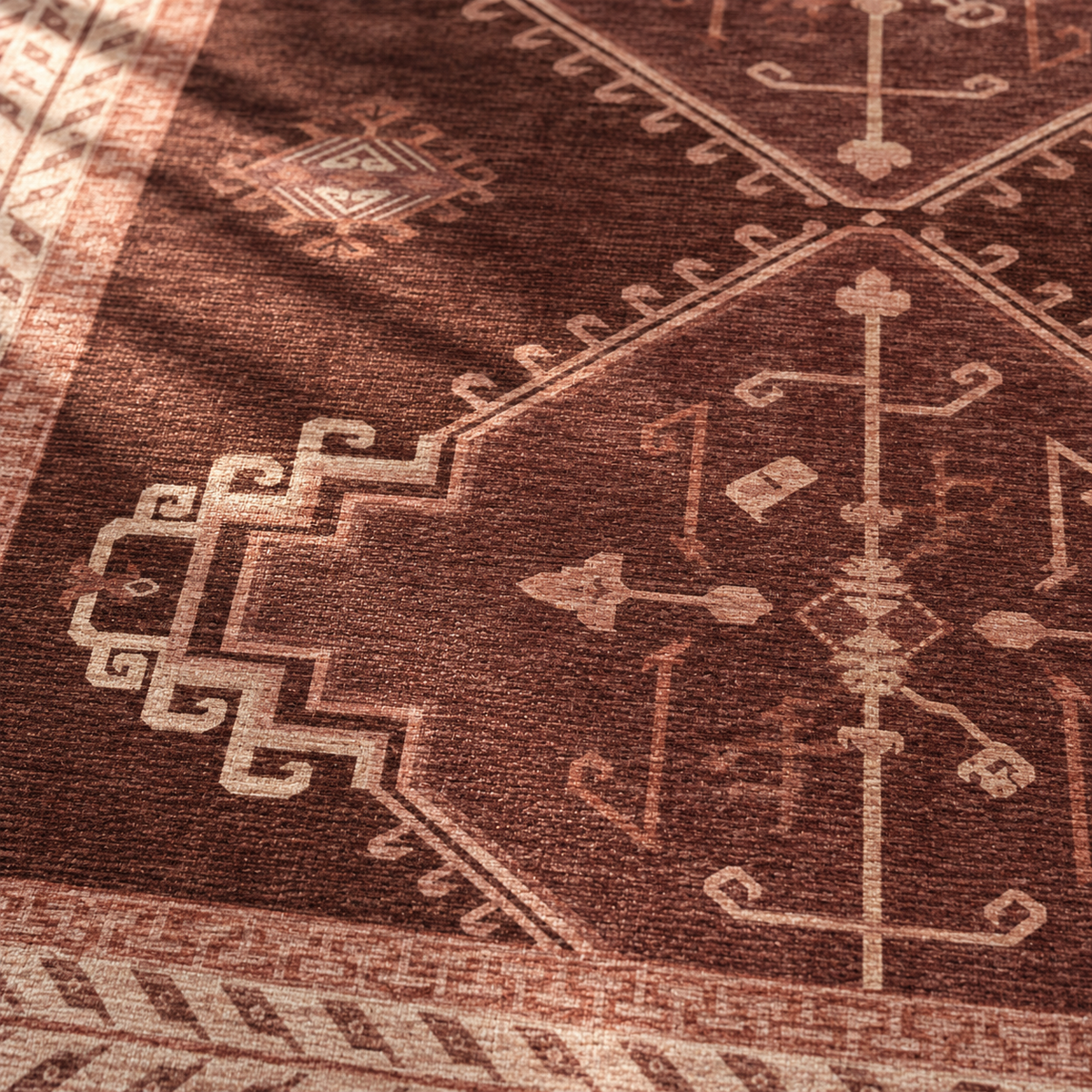 Apollo Wayfarer Court Area Rug — Deep Burgundy / Beige — pattern and surface detail in soft afternoon light. Digital visualization.