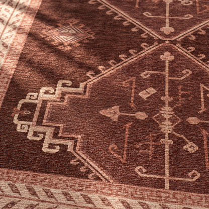 Apollo Wayfarer Court Area Rug — Deep Burgundy / Beige — pattern and surface detail in soft afternoon light. Digital visualization.