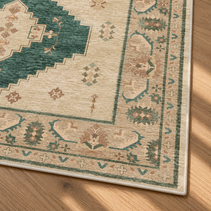 Apollo Orchard Passage Area Rug — Pine Green / Cream — corner and edge detail in soft afternoon light. Digital visualization.