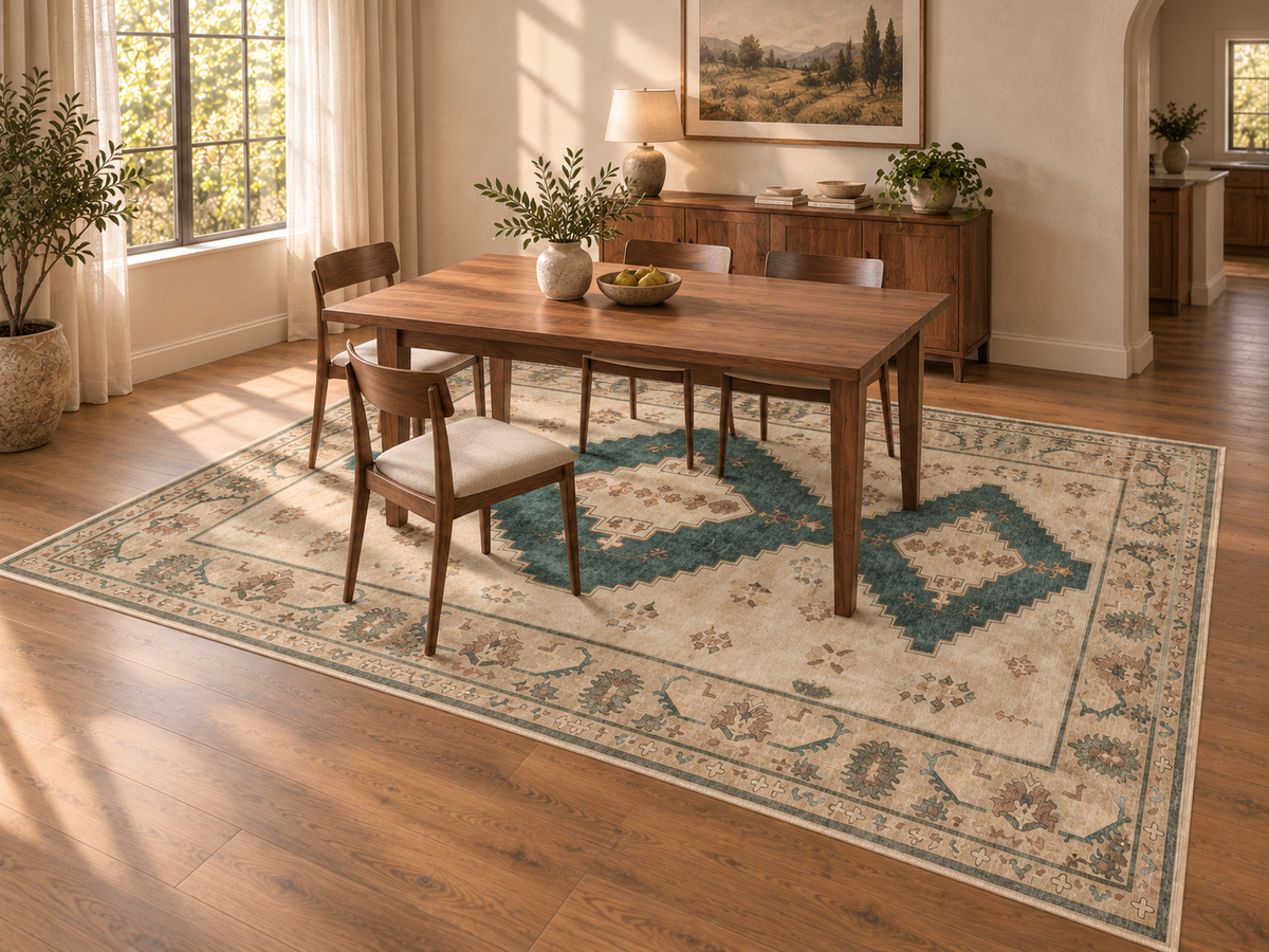 Apollo Orchard Passage Area Rug — Pine Green / Cream — dining room in soft afternoon light. Digital visualization.