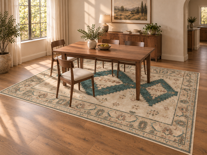 Apollo Orchard Passage Area Rug — Pine Green / Cream — dining room in soft afternoon light. Digital visualization.