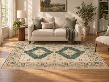 Apollo Orchard Passage Area Rug — Pine Green / Cream — living room in soft afternoon light. Digital visualization.